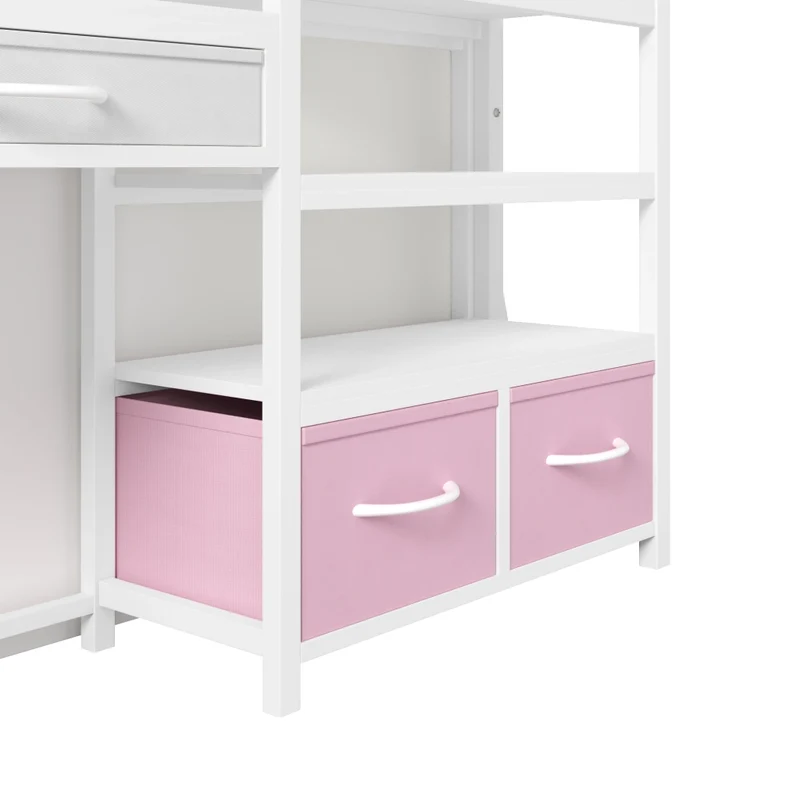 Letto a soppalco 90 x 200 cm con scrivania; scaffali e cassetti in tessuto; metallo bianco per cameretta