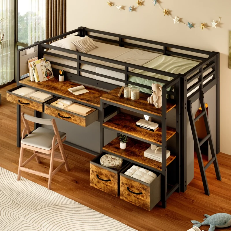Letto a soppalco 90 x 200 cm con scrivania; scaffali; cassetti e LED; nero in metallo