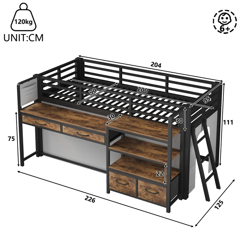 Letto a soppalco 90 x 200 cm con scrivania; scaffali; cassetti e LED; nero in metallo