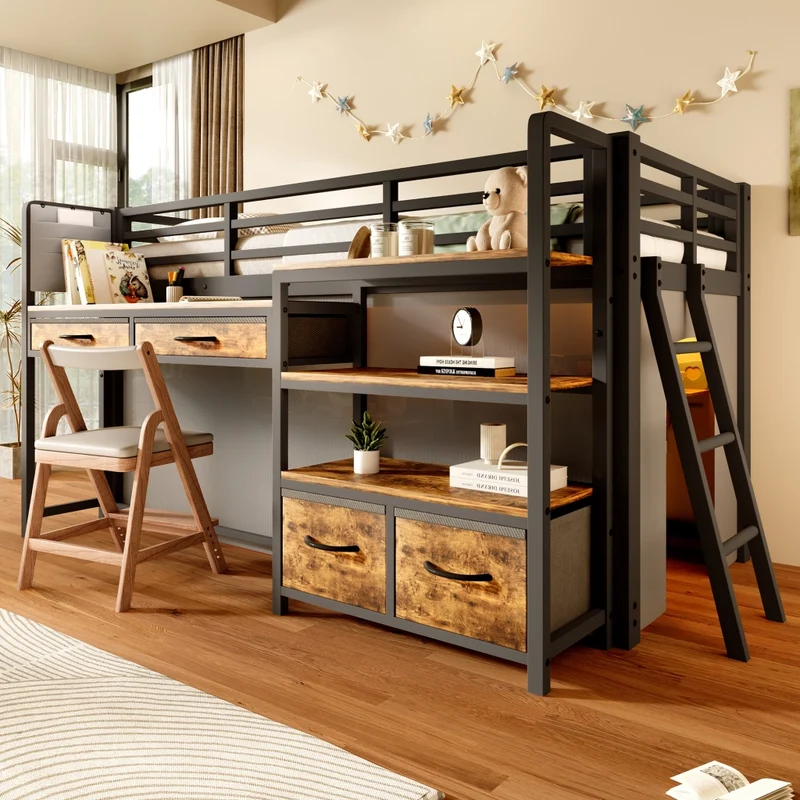 Letto a soppalco 90 x 200 cm con scrivania; scaffali; cassetti e LED; nero in metallo