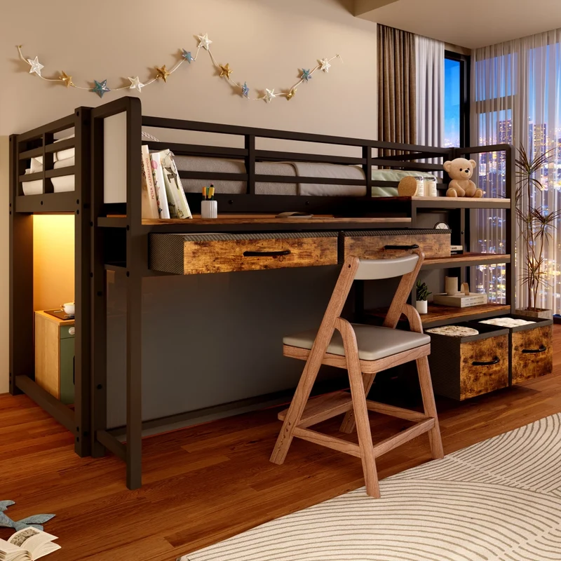 Letto a soppalco 90 x 200 cm con scrivania; scaffali; cassetti e LED; nero in metallo