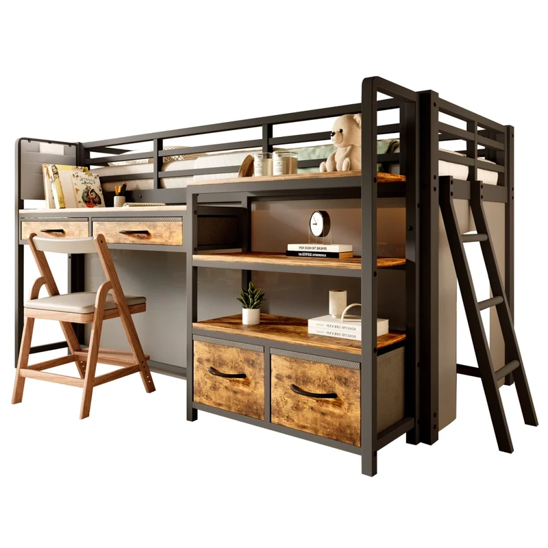 Letto a soppalco 90 x 200 cm con scrivania; scaffali; cassetti e LED; nero in metallo