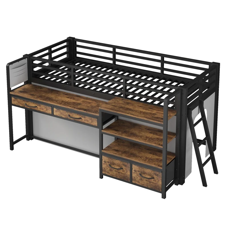 Letto a soppalco 90 x 200 cm con scrivania; scaffali; cassetti e LED; nero in metallo