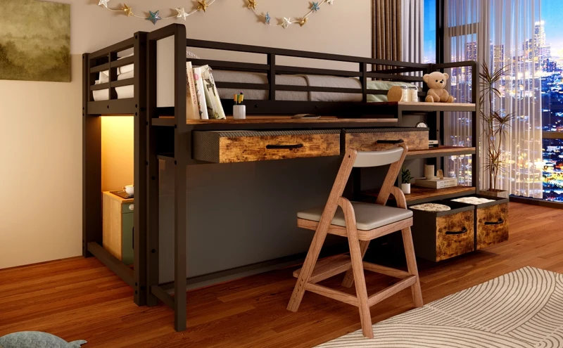 Letto a soppalco 90 x 200 cm con scrivania; scaffali; cassetti e LED; nero in metallo