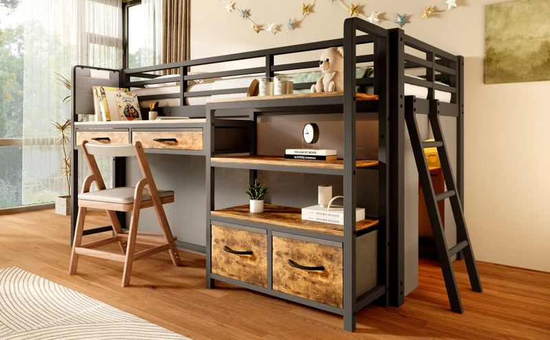 Letto a soppalco 90 x 200 cm con scrivania; scaffali; cassetti e LED; nero in metallo