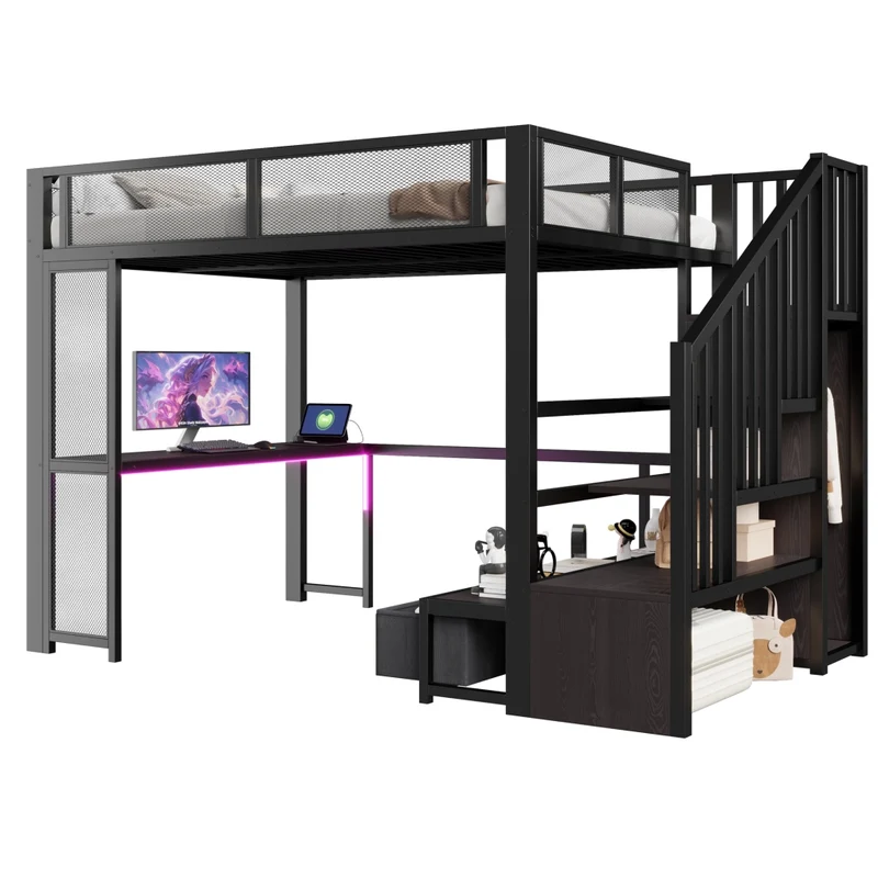 Letto a soppalco per bambini 140x200 cm in metallo nero con scrivania; LED; USB e contenitori