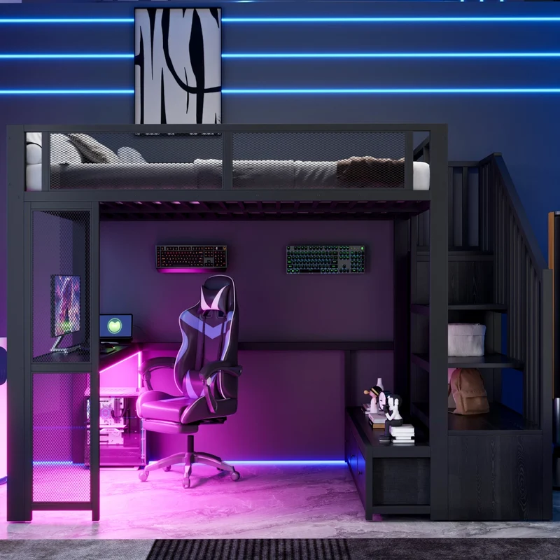 Letto a soppalco per bambini 140x200 cm in metallo nero con scrivania; LED; USB e contenitori