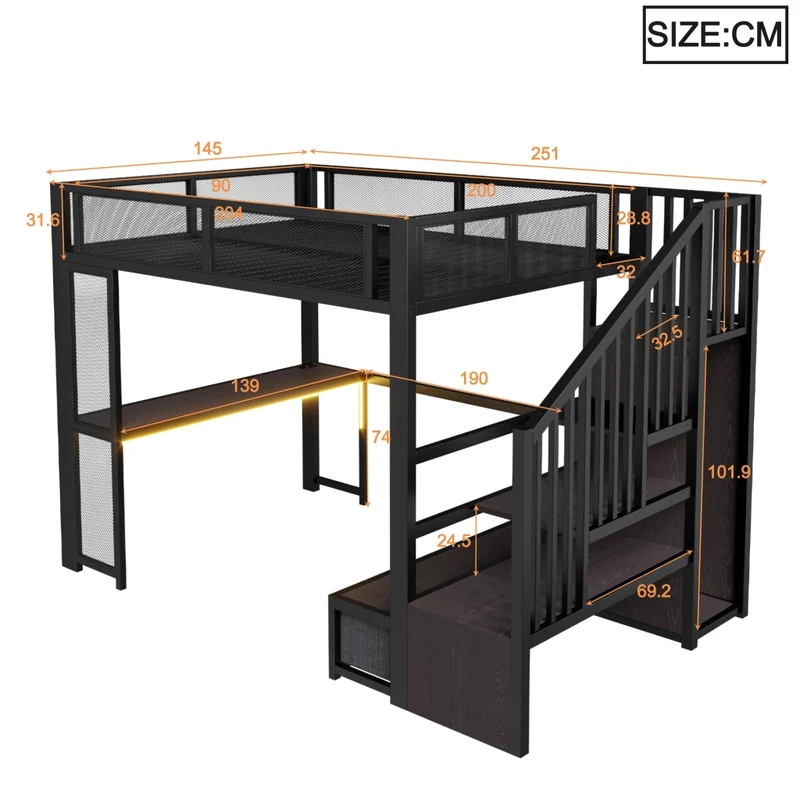 Letto a soppalco per bambini 140x200 cm in metallo nero con scrivania; LED; USB e contenitori