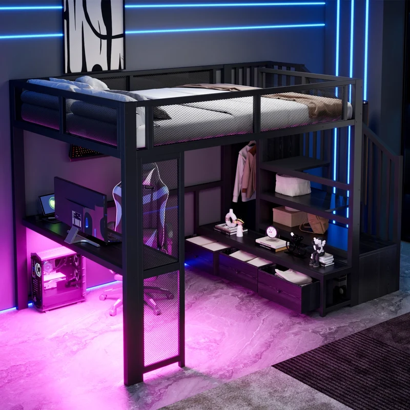 Letto a soppalco per bambini 140x200 cm in metallo nero con scrivania; LED; USB e contenitori