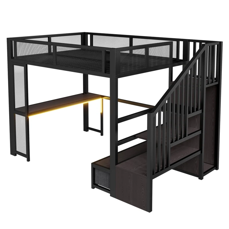Letto a soppalco per bambini 140x200 cm in metallo nero con scrivania; LED; USB e contenitori