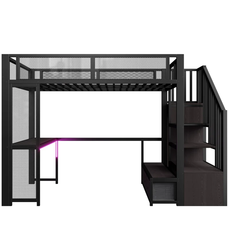 Letto a soppalco per bambini 140x200 cm in metallo nero con scrivania; LED; USB e contenitori