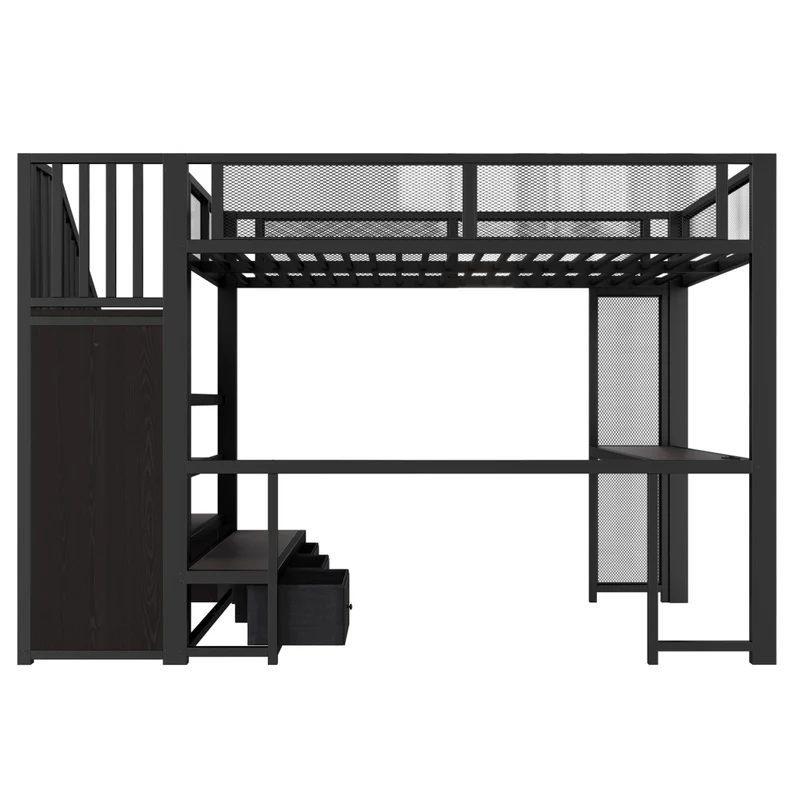 Letto a soppalco per bambini 140x200 cm in metallo nero con scrivania; LED; USB e contenitori