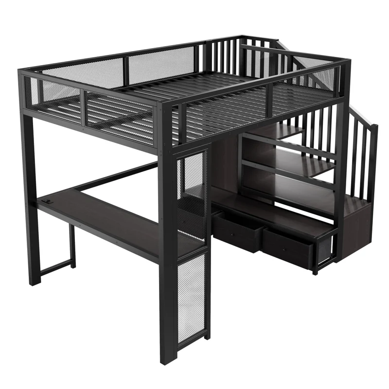 Letto a soppalco per bambini 140x200 cm in metallo nero con scrivania; LED; USB e contenitori