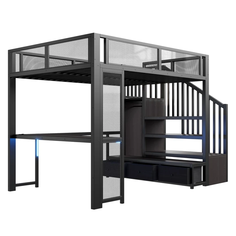 Letto a soppalco per bambini 140x200 cm in metallo nero con scrivania; LED; USB e contenitori