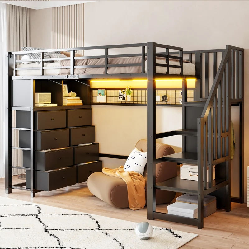 Letto a soppalco 90x200 con 8 cassetti; scala contenitore; LED a 7 colori; struttura in metallo nero per cameretta