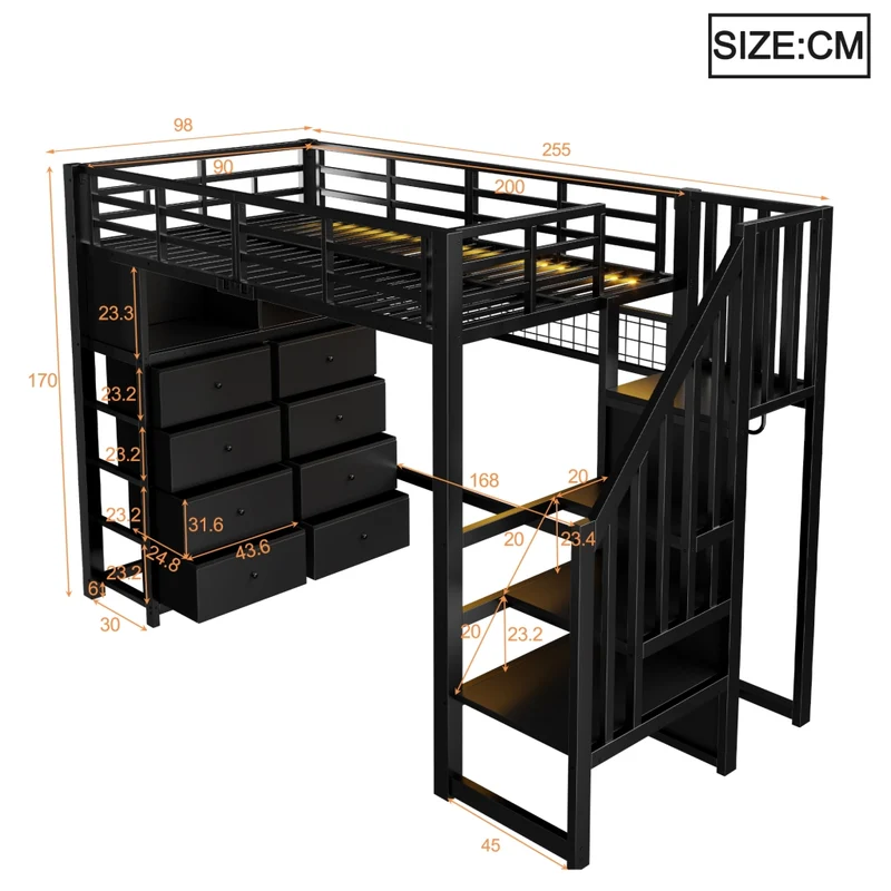 Letto a soppalco 90x200 con 8 cassetti; scala contenitore; LED a 7 colori; struttura in metallo nero per cameretta