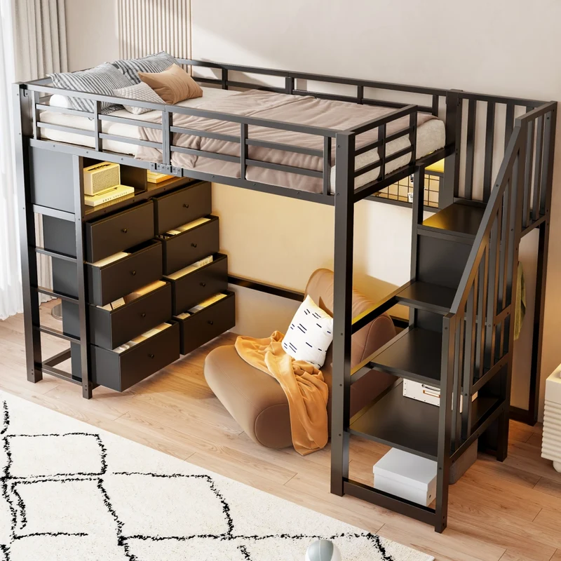 Letto a soppalco 90x200 con 8 cassetti; scala contenitore; LED a 7 colori; struttura in metallo nero per cameretta