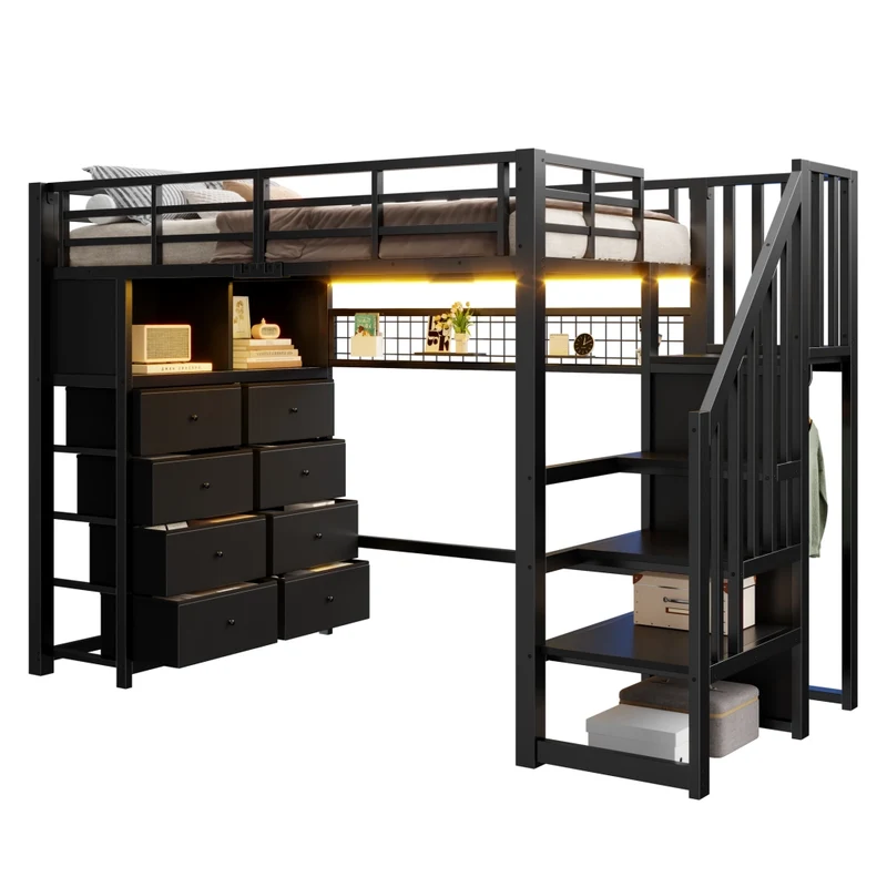 Letto a soppalco 90x200 con 8 cassetti; scala contenitore; LED a 7 colori; struttura in metallo nero per cameretta