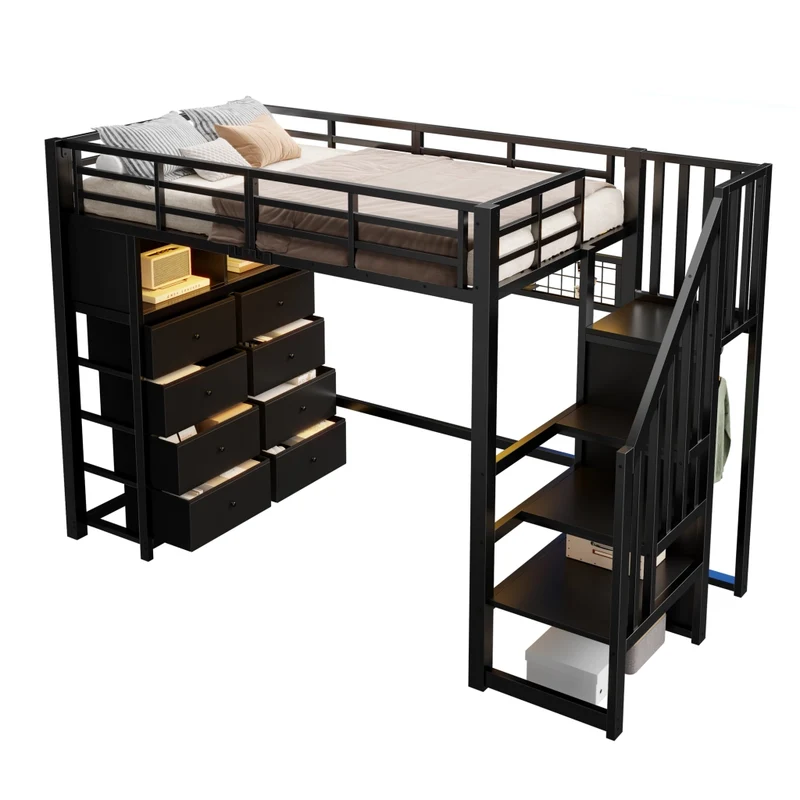 Letto a soppalco 90x200 con 8 cassetti; scala contenitore; LED a 7 colori; struttura in metallo nero per cameretta
