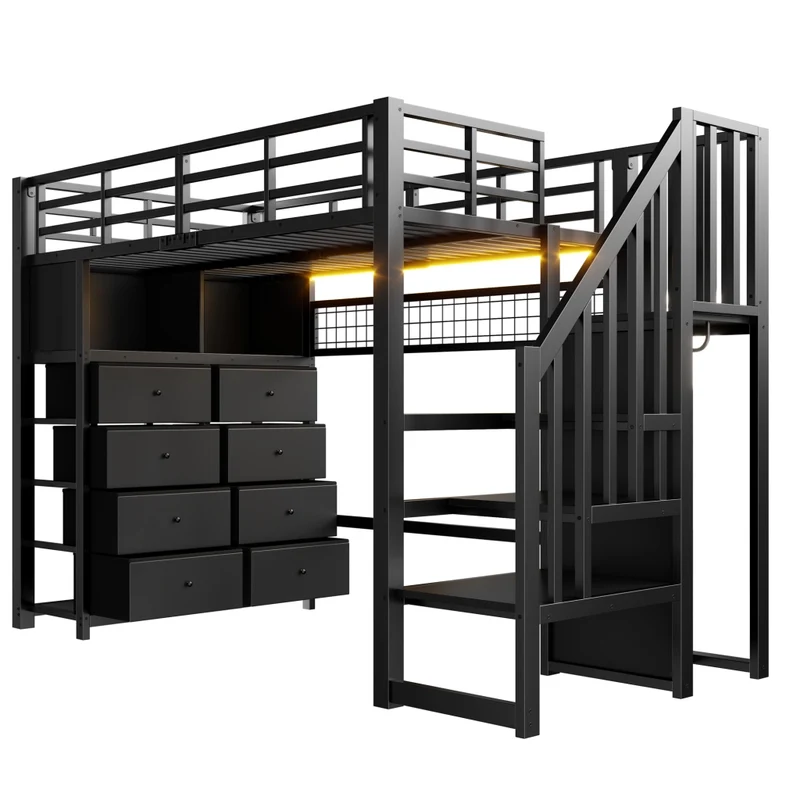 Letto a soppalco 90x200 con 8 cassetti; scala contenitore; LED a 7 colori; struttura in metallo nero per cameretta