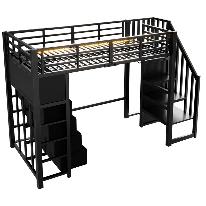 Letto a soppalco 90x200 con 8 cassetti; scala contenitore; LED a 7 colori; struttura in metallo nero per cameretta