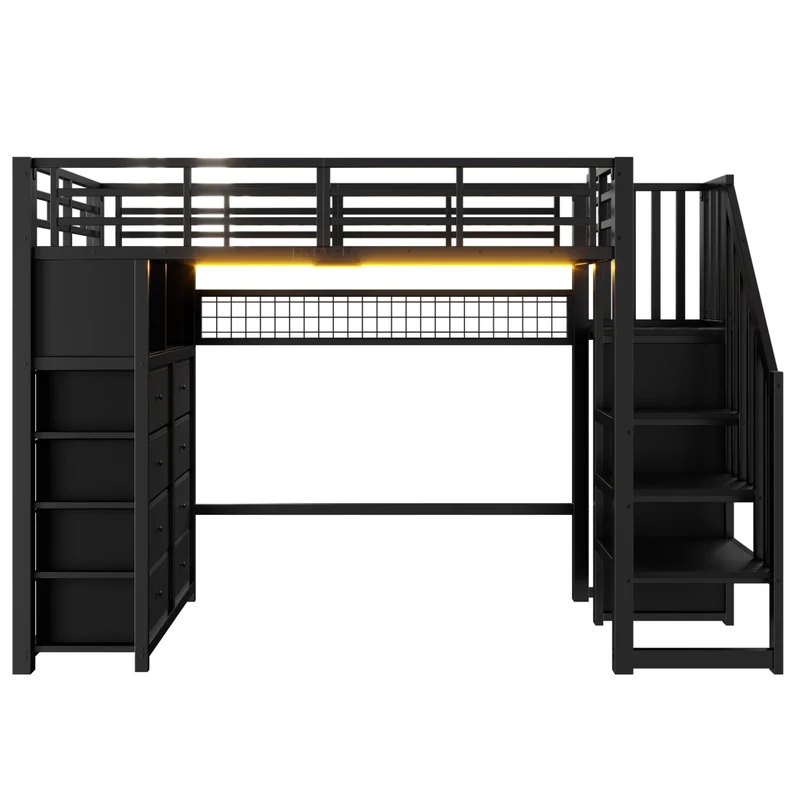 Letto a soppalco 90x200 con 8 cassetti; scala contenitore; LED a 7 colori; struttura in metallo nero per cameretta
