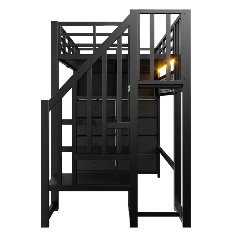 Letto a soppalco 90x200 con 8 cassetti; scala contenitore; LED a 7 colori; struttura in metallo nero per cameretta