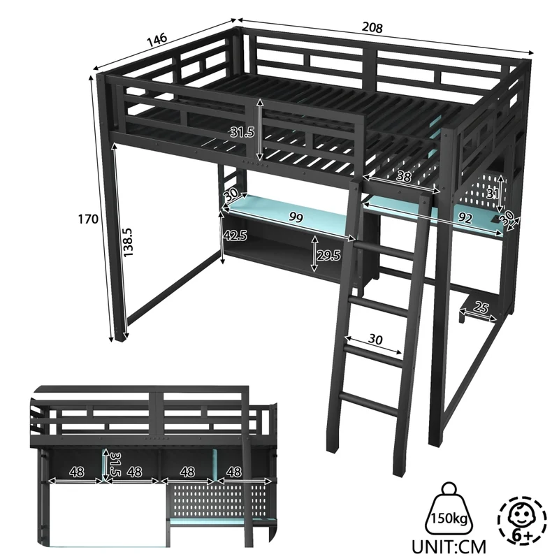 Letto a soppalco 140x200 con scrivania; LED RGB e scaffali in metallo nero