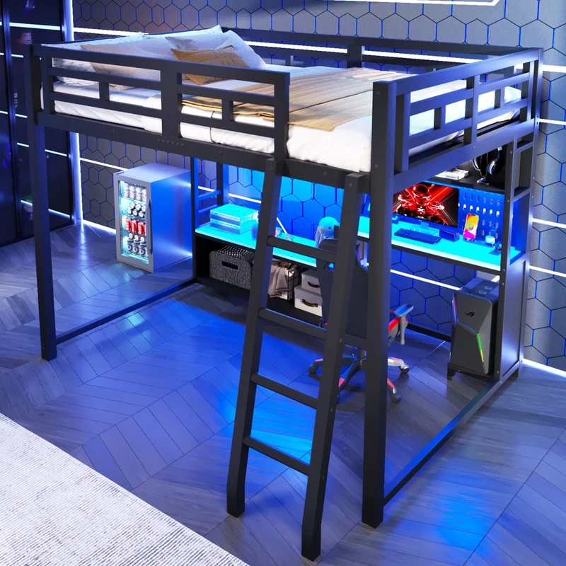 Letto a soppalco 140x200 con scrivania; LED RGB e scaffali in metallo nero