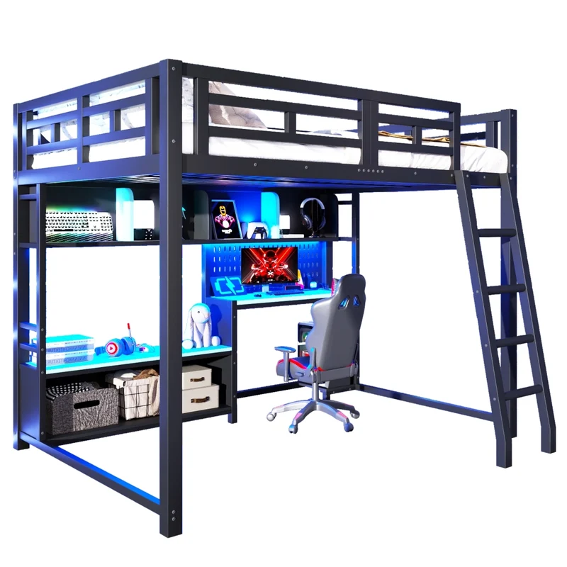 Letto a soppalco 140x200 con scrivania; LED RGB e scaffali in metallo nero