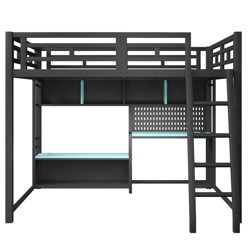 Letto a soppalco 140x200 con scrivania; LED RGB e scaffali in metallo nero