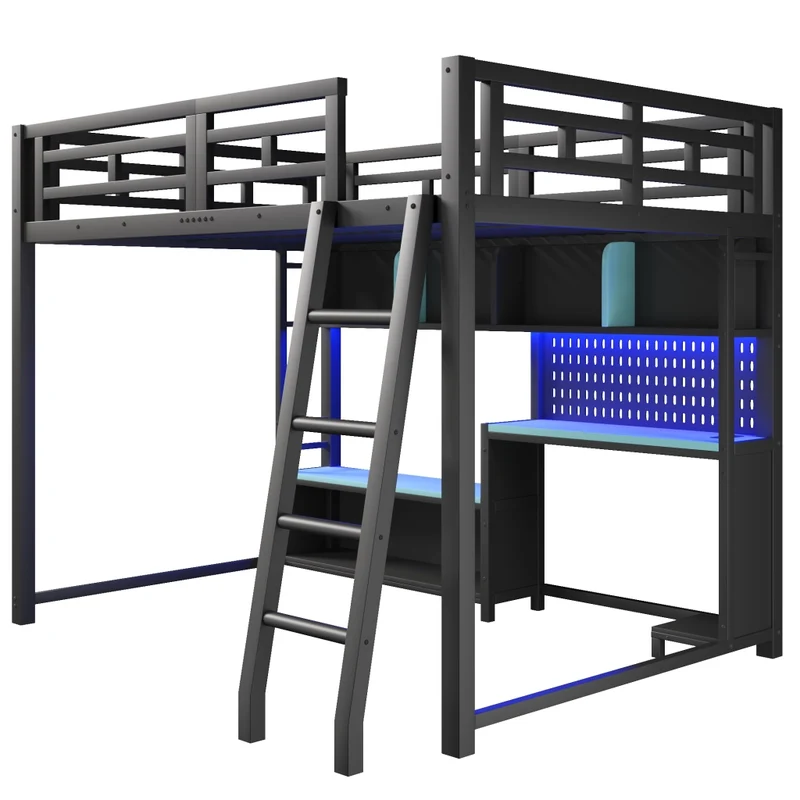 Letto a soppalco 140x200 con scrivania; LED RGB e scaffali in metallo nero