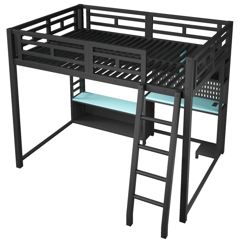 Letto a soppalco 140x200 con scrivania; LED RGB e scaffali in metallo nero
