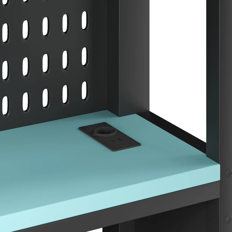 Letto a soppalco 140x200 con scrivania; LED RGB e scaffali in metallo nero