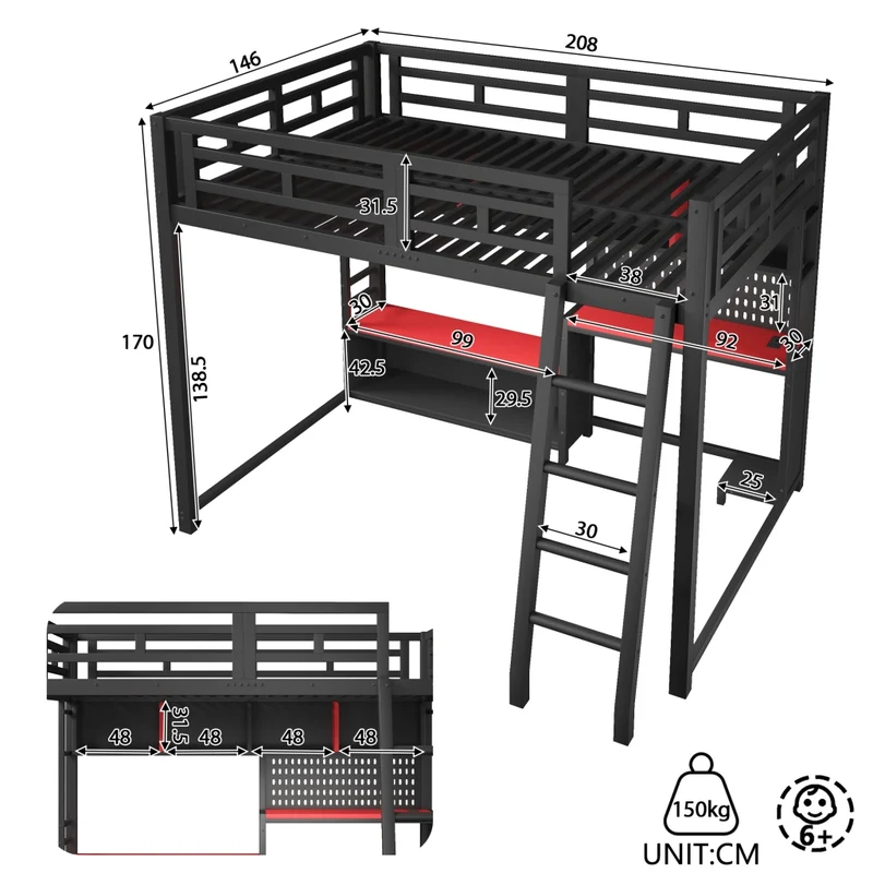 Letto a soppalco 140x200 con scrivania; LED RGB e scaffali laterali; nero