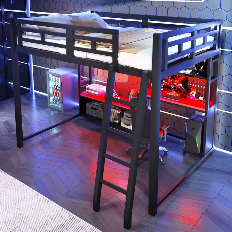 Letto a soppalco 140x200 con scrivania; LED RGB e scaffali laterali; nero