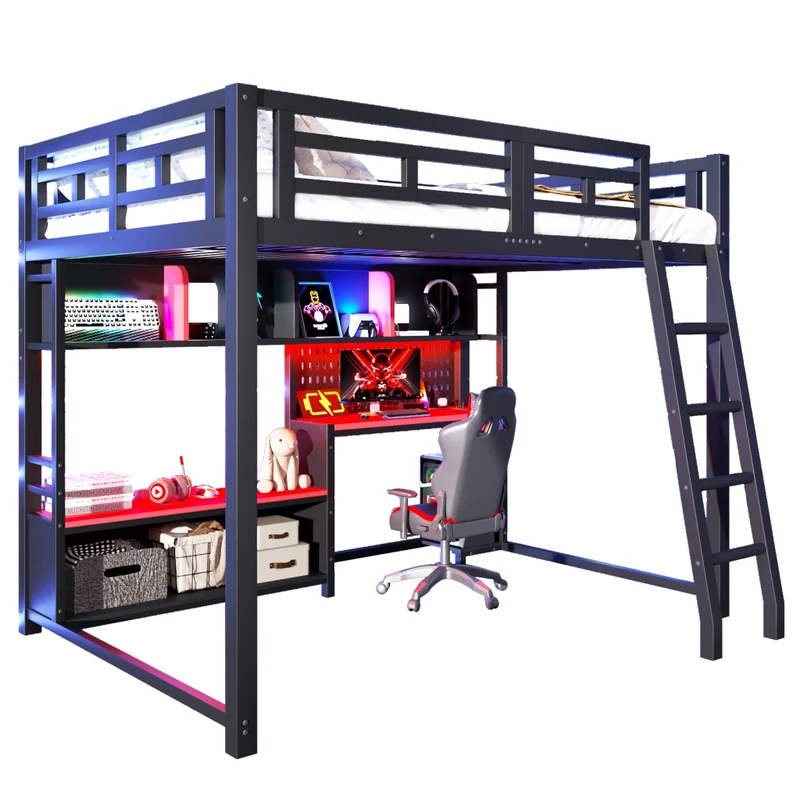 Letto a soppalco 140x200 con scrivania; LED RGB e scaffali laterali; nero