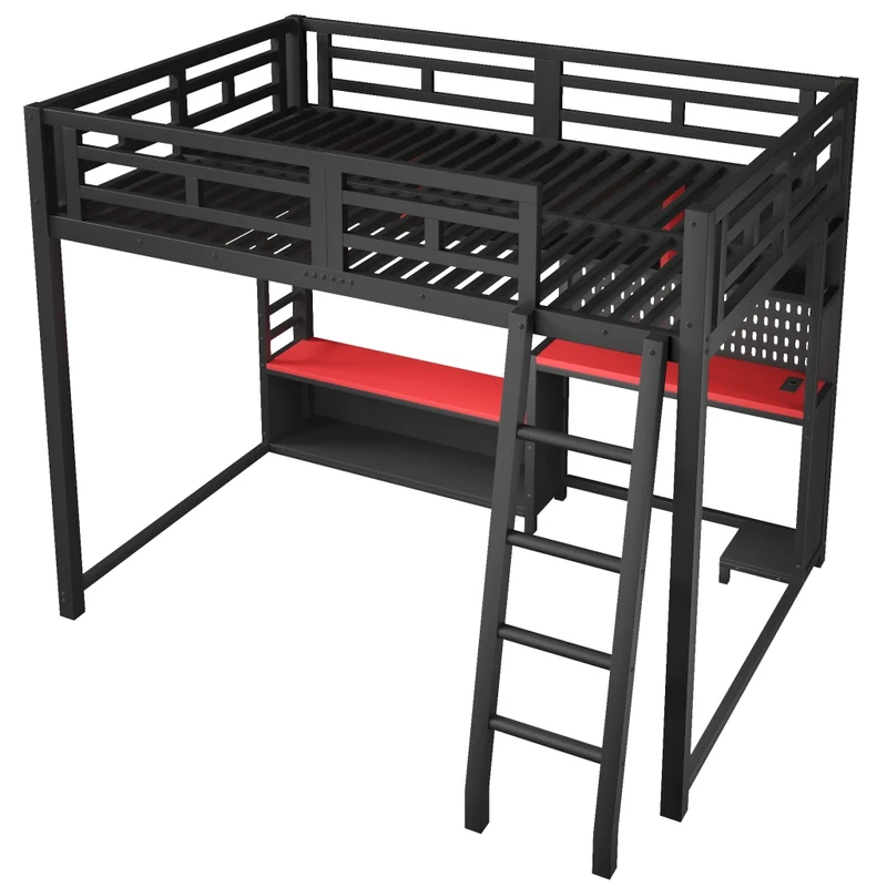 Letto a soppalco 140x200 con scrivania; LED RGB e scaffali laterali; nero