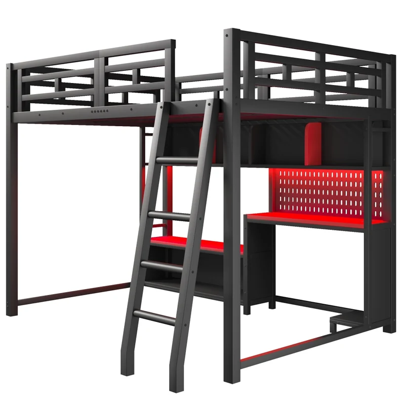 Letto a soppalco 140x200 con scrivania; LED RGB e scaffali laterali; nero