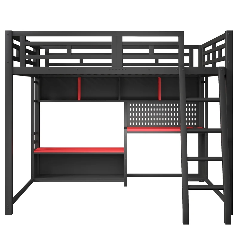 Letto a soppalco 140x200 con scrivania; LED RGB e scaffali laterali; nero