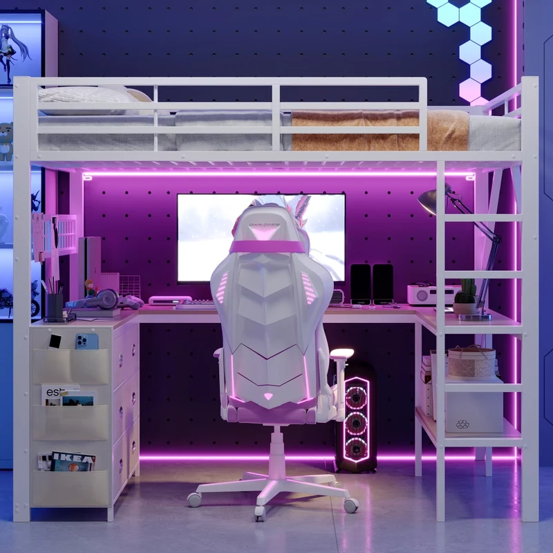 Letto a soppalco 140x200 con scrivania; LED e cassetti; bianco in metallo
