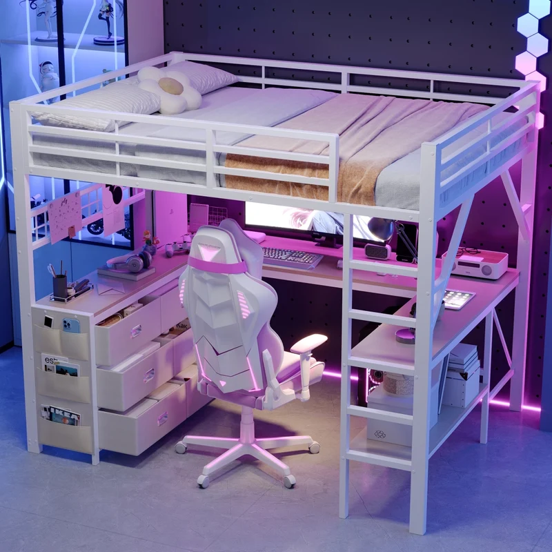 Letto a soppalco 140x200 con scrivania; LED e cassetti; bianco in metallo