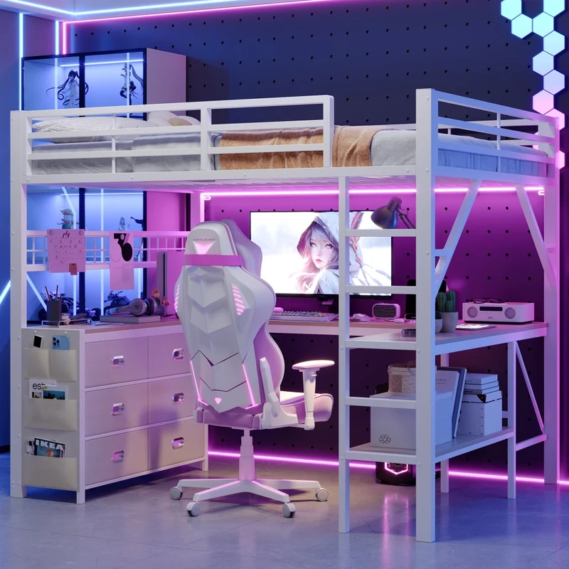 Letto a soppalco 140x200 con scrivania; LED e cassetti; bianco in metallo