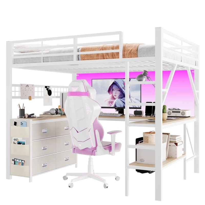 Letto a soppalco 140x200 con scrivania; LED e cassetti; bianco in metallo