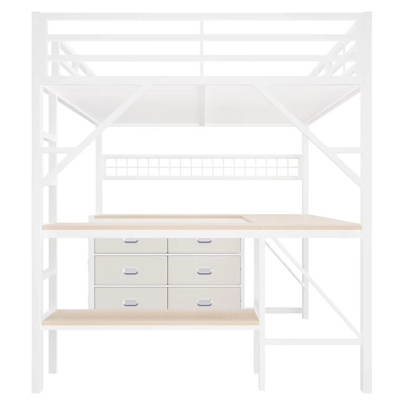 Letto a soppalco 140x200 con scrivania; LED e cassetti; bianco in metallo