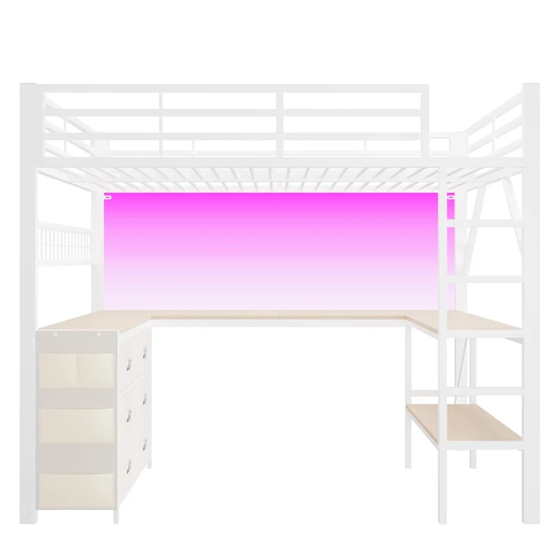 Letto a soppalco 140x200 con scrivania; LED e cassetti; bianco in metallo