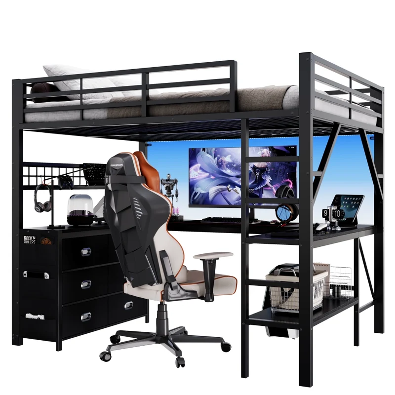Letto a soppalco 140x200 con scrivania a U; cassetti e LED; struttura in metallo e MDF nero per camera ragazzi