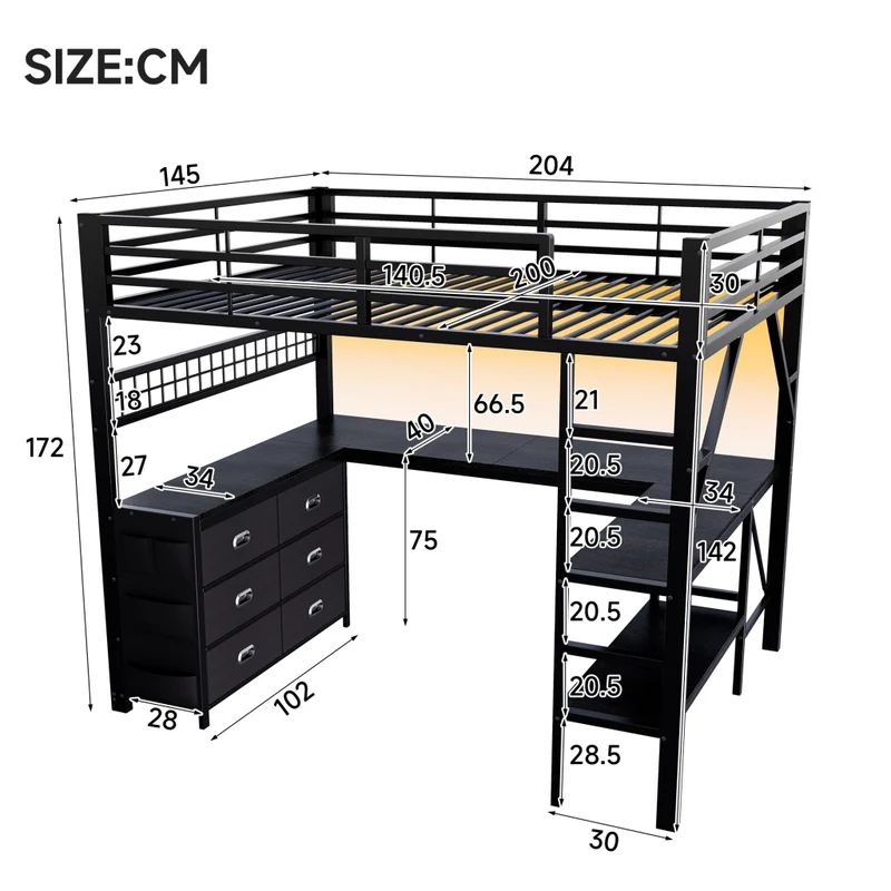 Letto a soppalco 140x200 con scrivania a U; cassetti e LED; struttura in metallo e MDF nero per camera ragazzi