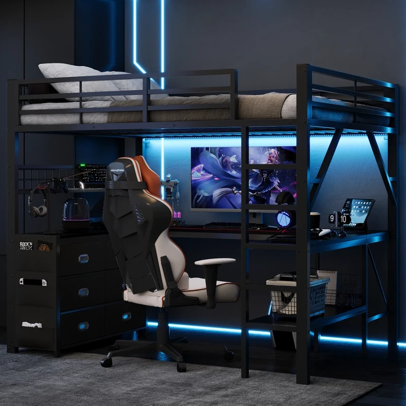 Letto a soppalco 140x200 con scrivania a U; cassetti e LED; struttura in metallo e MDF nero per camera ragazzi