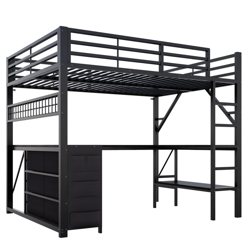Letto a soppalco 140x200 con scrivania a U; cassetti e LED; struttura in metallo e MDF nero per camera ragazzi